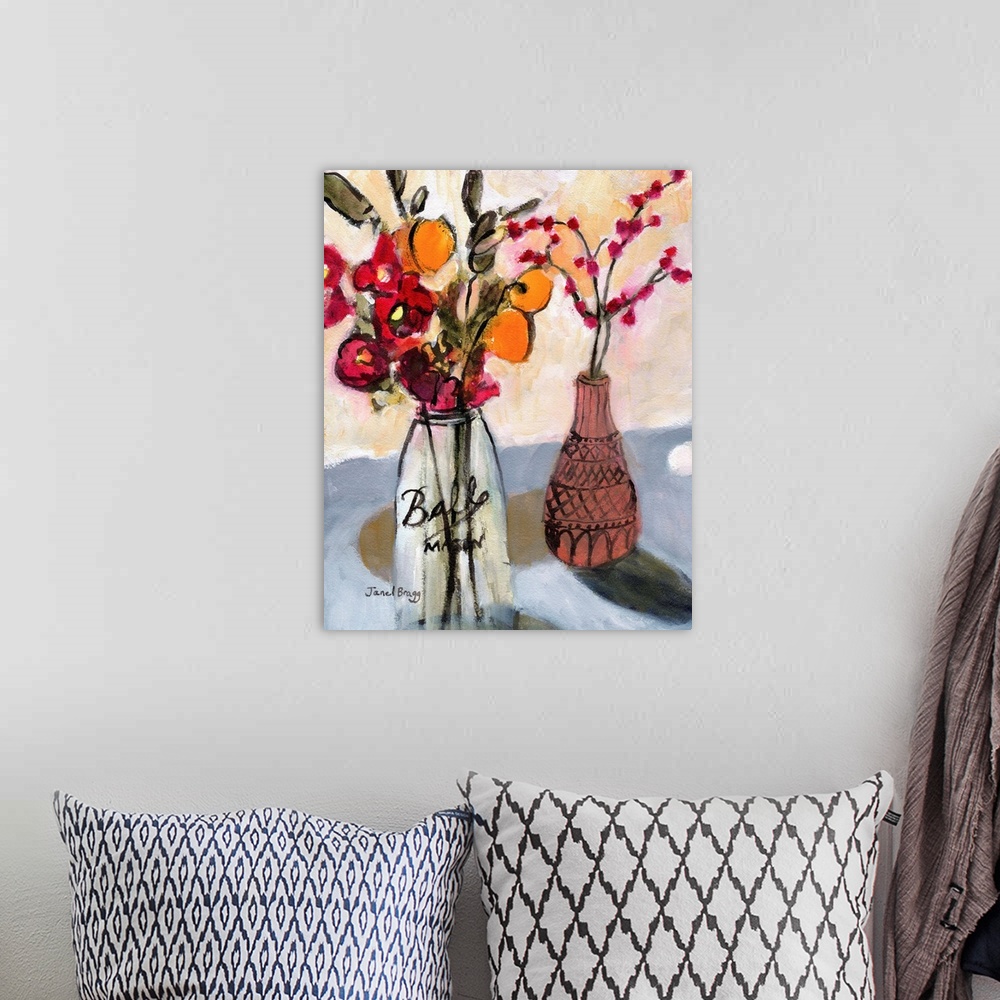 A bohemian room featuring Still Life With Mason Jar And Flowers