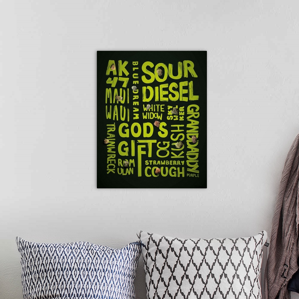 A bohemian room featuring Digital art painting of a poster with all the nicknames, street names and slang for marijuana in ...
