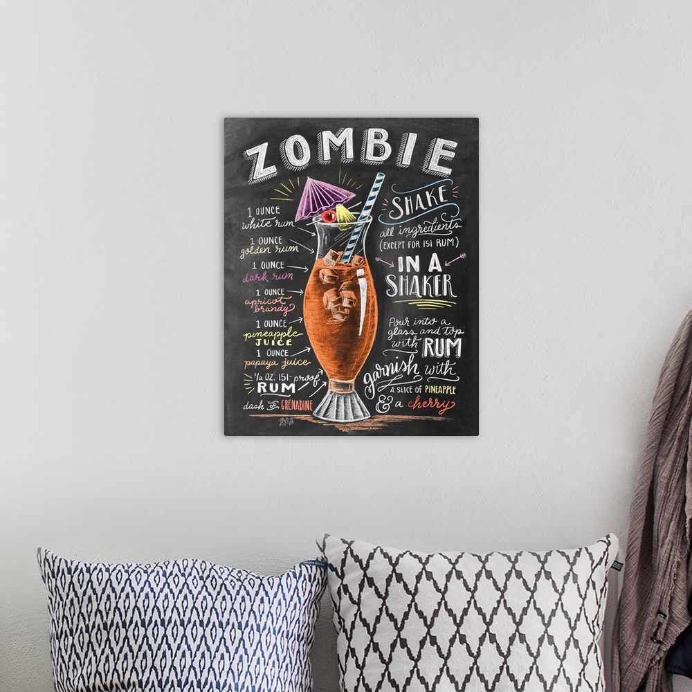 A bohemian room featuring Handlettered recipe for a Zombie cocktail with the appearance of a chalkboard drawing.