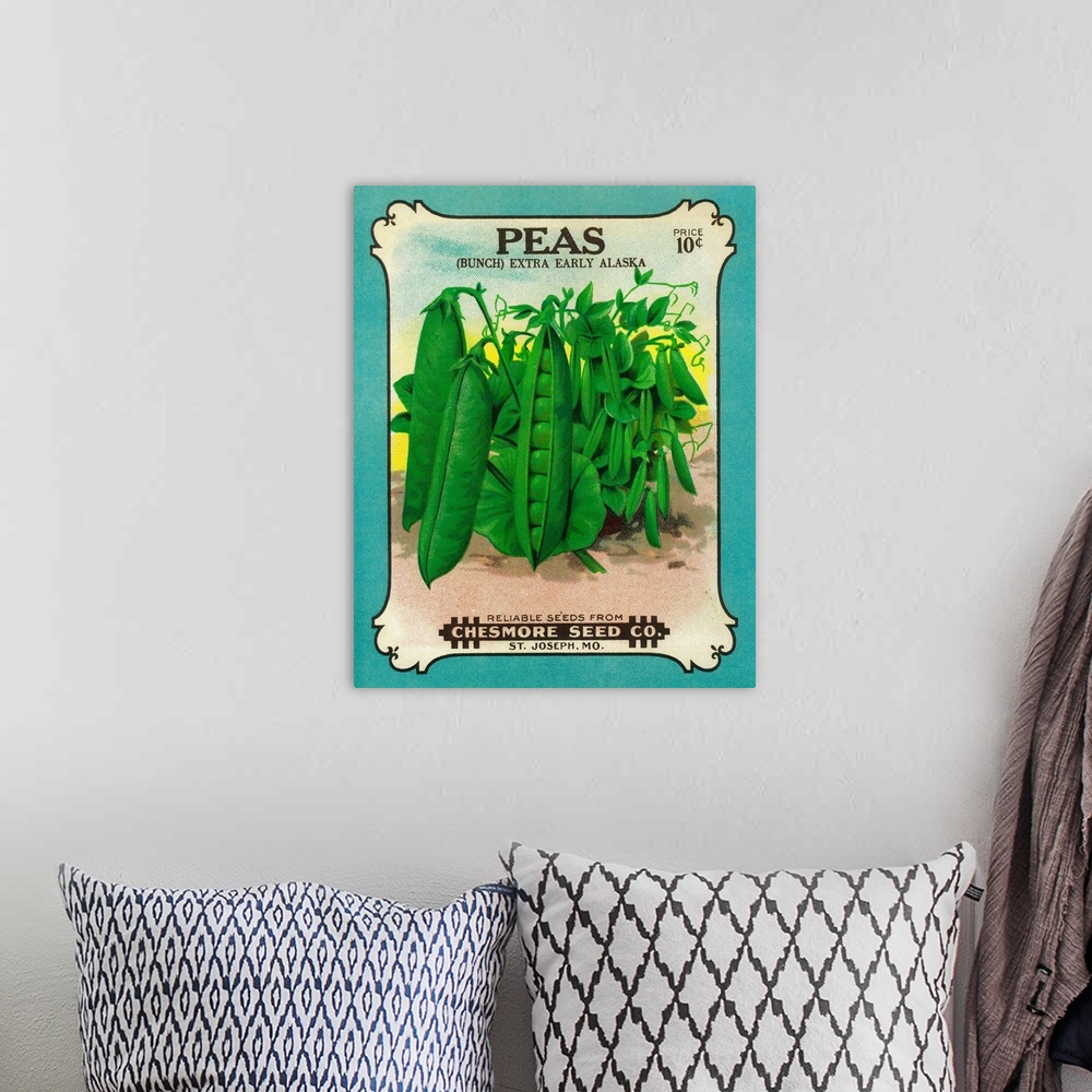 A bohemian room featuring A vintage label from a seed packet for peas.