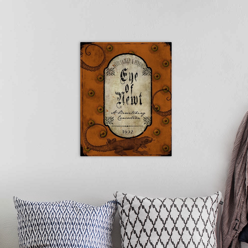 A bohemian room featuring Halloween-themed label for the ingredient Eye of Newt.