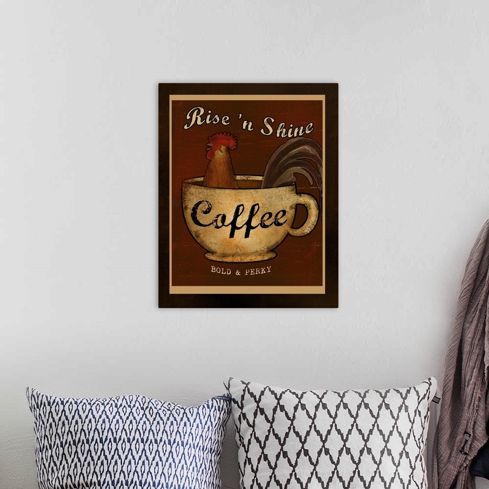 A bohemian room featuring Kitchen decor of a rooster in a mug of coffee.
