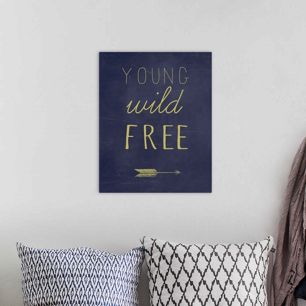 A bohemian room featuring Gold text with an arrow motif on navy blue.