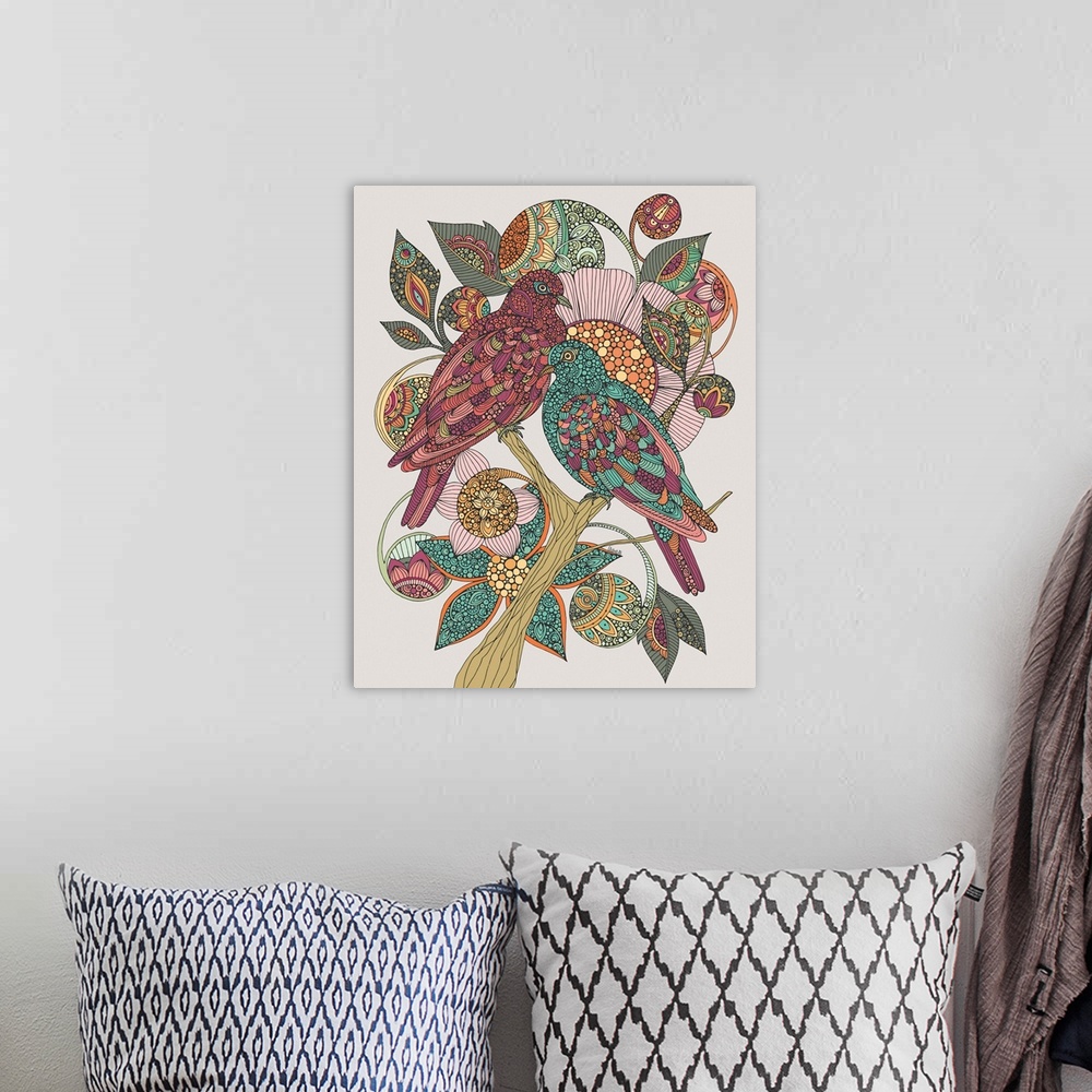 A bohemian room featuring Stunning illustration of two Turtle doves sitting on a branch surrounded by leaves and paisley sw...