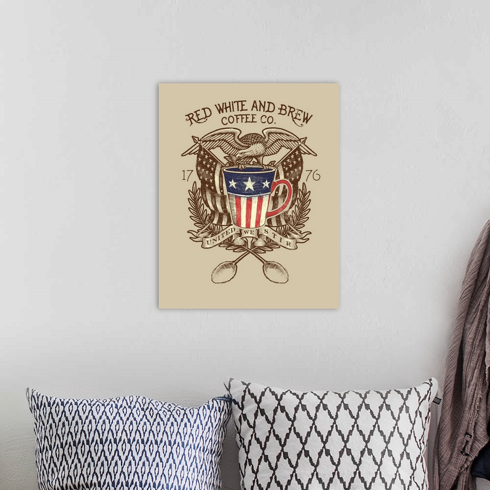 A bohemian room featuring "Red, White and Brew Coffee Co.  United We Stir"
