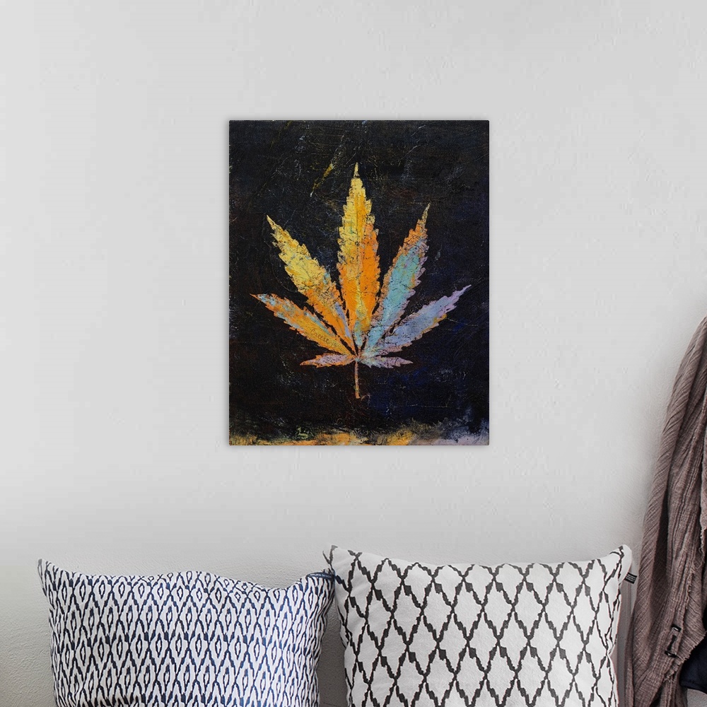 A bohemian room featuring A contemporary painting of a colorful plant leaf against a black background.
