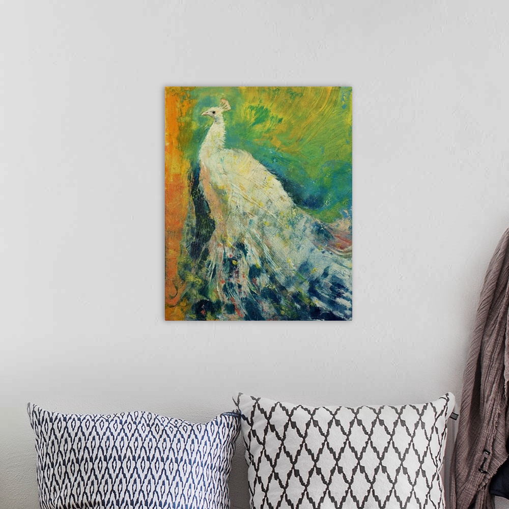 A bohemian room featuring A white peacock with a brilliant plumage against a green background.