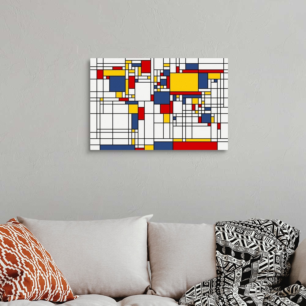 World Map Abstract Mondrian Style Wall Art, Canvas Prints, Framed ...