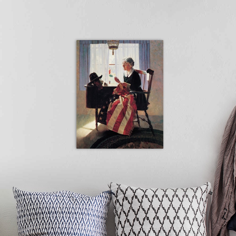 A bohemian room featuring Mending the Flag, depicts a woman sewing a tattered flag. Approved by the Norman Rockwell Family ...