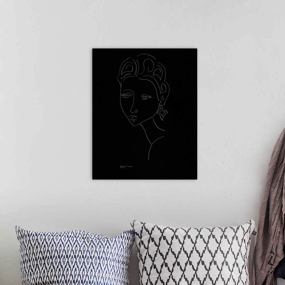 A bohemian room featuring This Minimal line drawing was done in white pencil on black paper. Decorative styled lines compri...