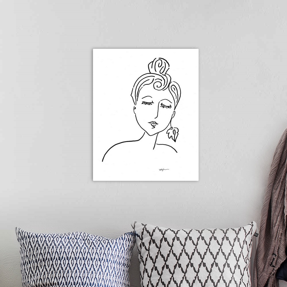 A bohemian room featuring In this contemporary Line Drawing done in ink, my goal was to Depict a Femaleos face, shoulders, ...