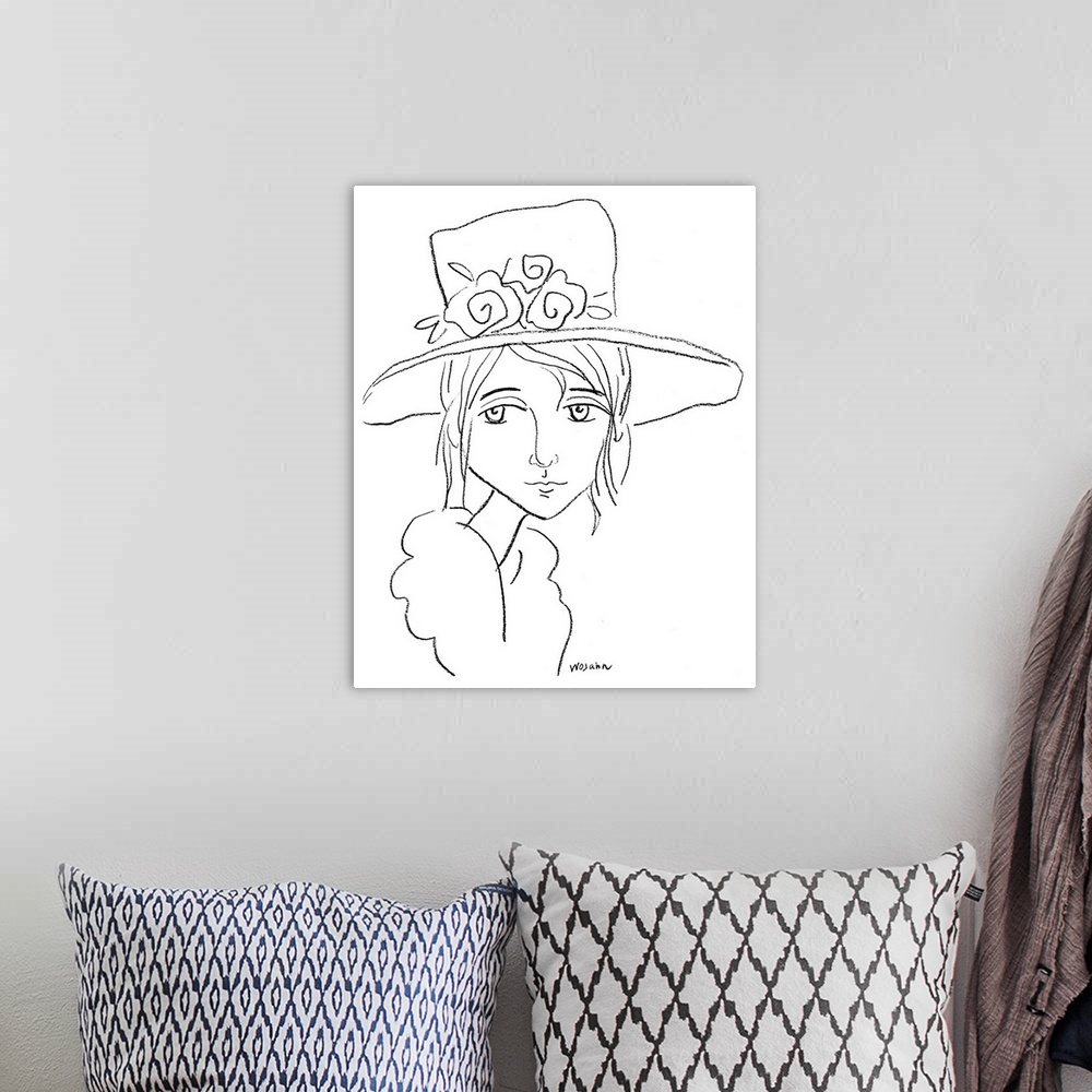 A bohemian room featuring This Line Drawing of a Woman reminiscent of perhaps the 1930os, when wearing hats a fur collared ...