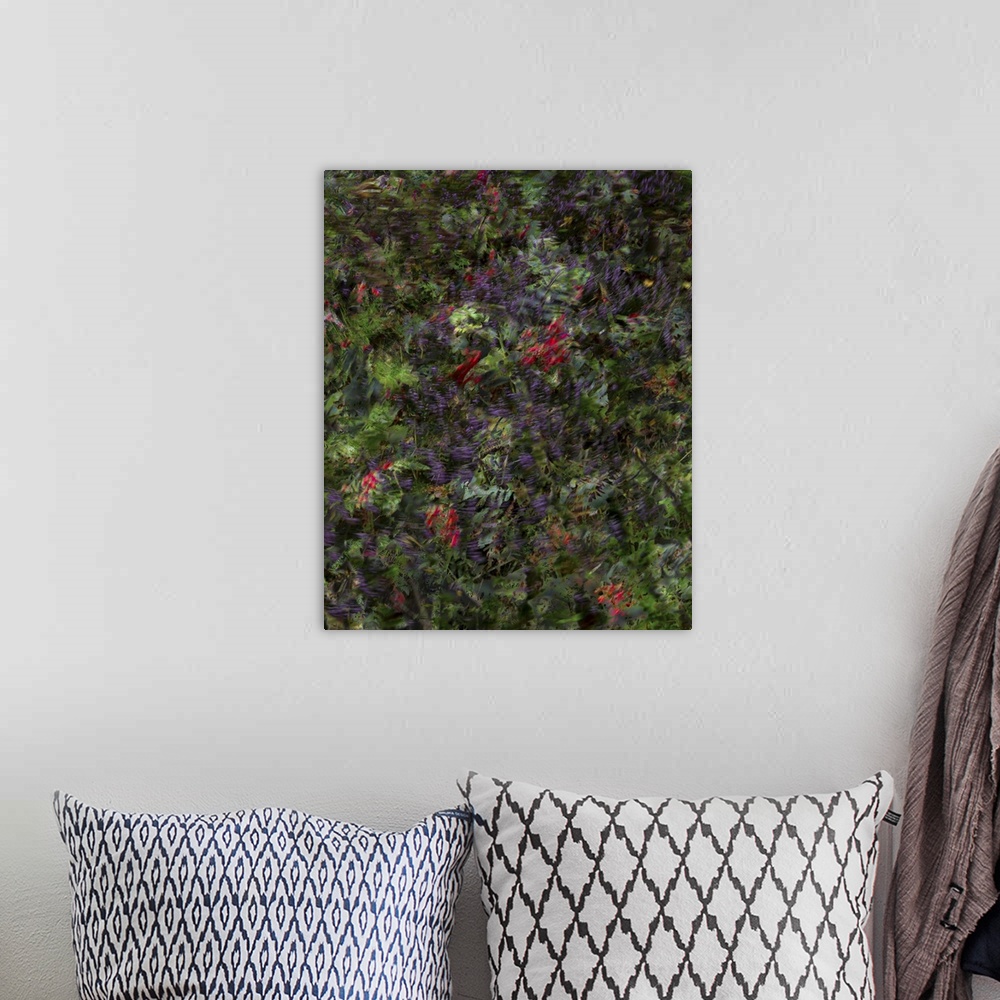 A bohemian room featuring Blurred abstract image of autumn plants with red and purple.