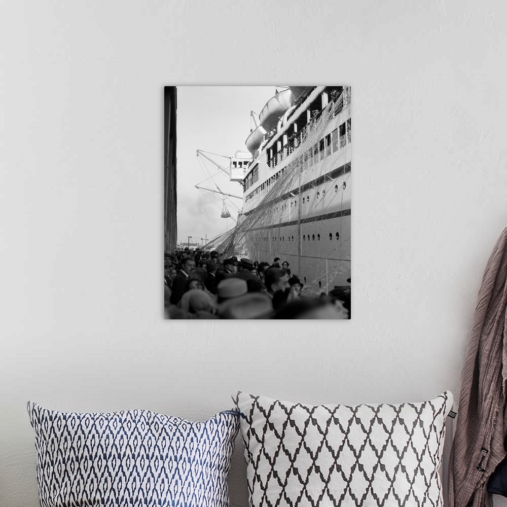 A bohemian room featuring 1930's Crowd Of People On Pier Wishing Bon Voyage To Sailing Traveling Passengers On Ocean Liner ...