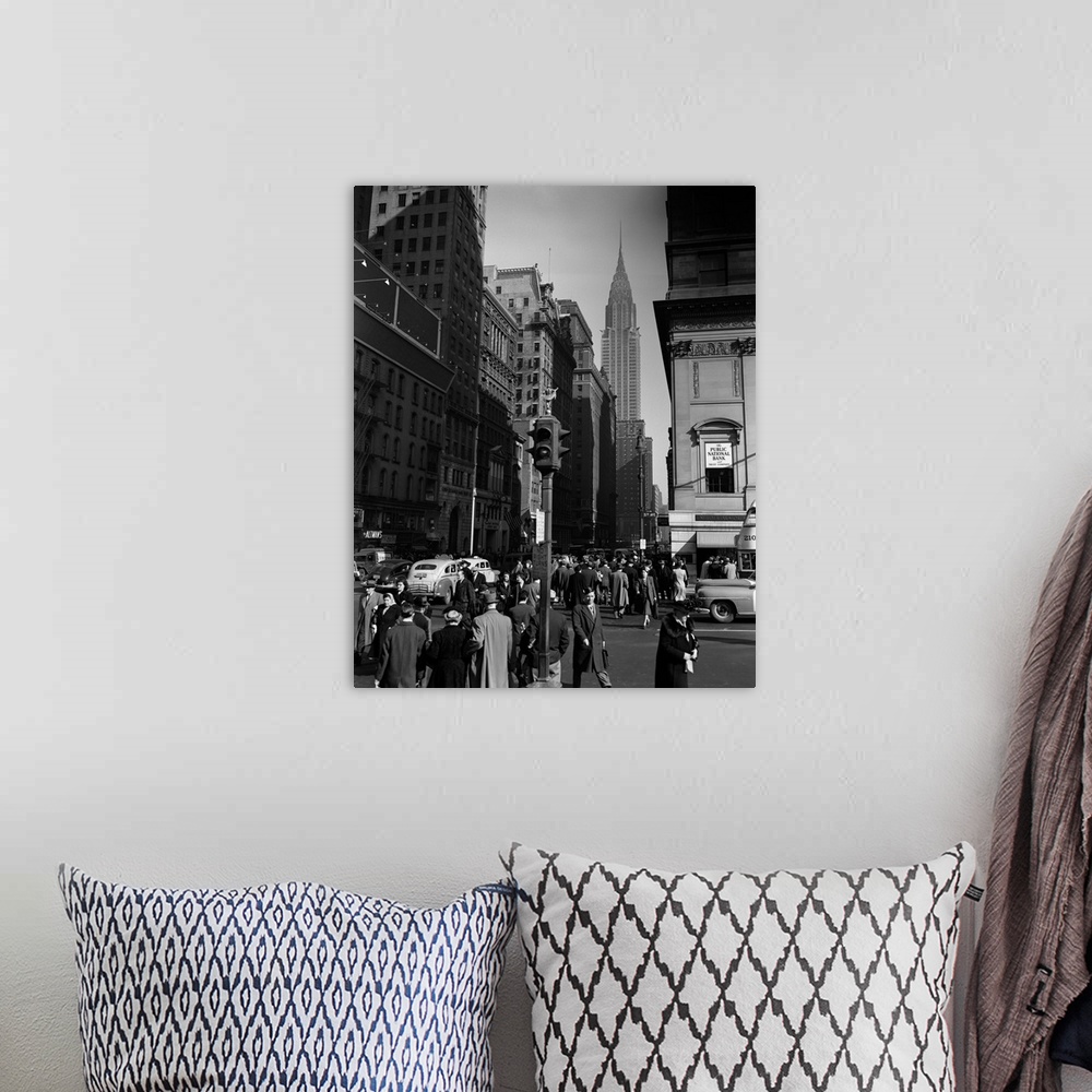 A bohemian room featuring 1940's Pedestrian Crowd Taxis Crossing Intersection 42Nd Street