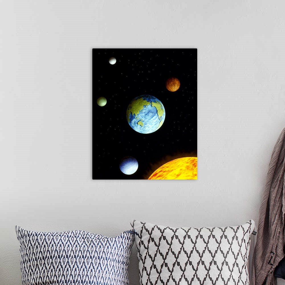 A bohemian room featuring Conceptualized universe with planets