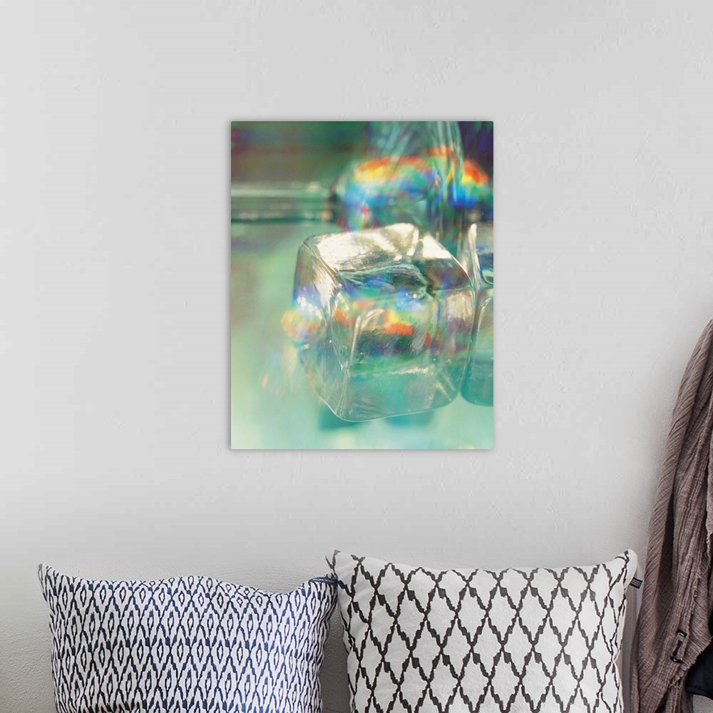A bohemian room featuring Ice cubes with colorful spectrum refraction