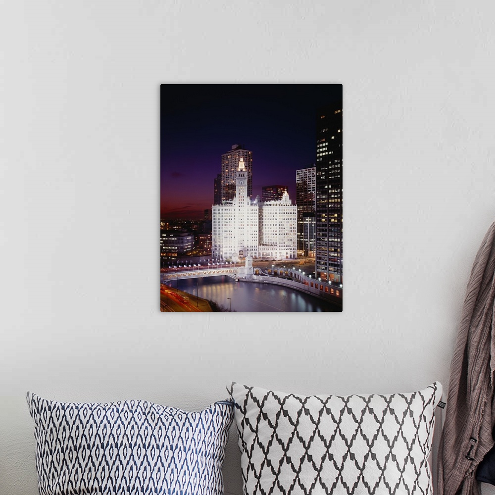 Skyscrapers in a city lit up at night, Magnificent Mile, Michigan Avenue,  Chicago River, Chicago, Illinois, Wall Art, Canvas Prints, Framed Prints,  Wall Peels