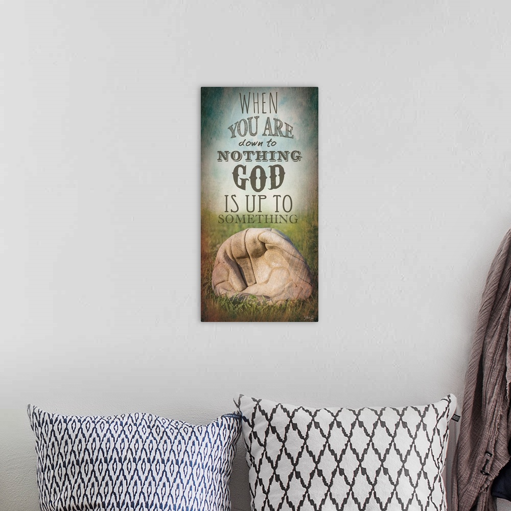 A bohemian room featuring An inspirational religious typography design with a deflated ball.