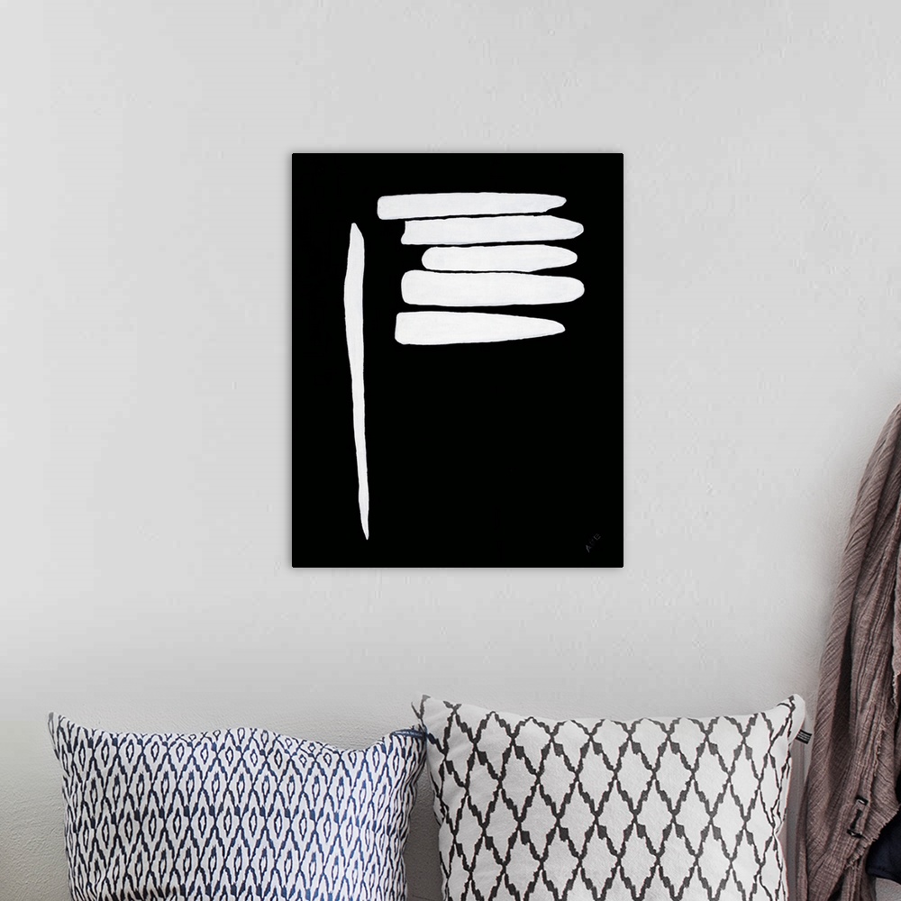 A bohemian room featuring Contemporary abstract painting that has a solid black background and thick white lines- one runni...