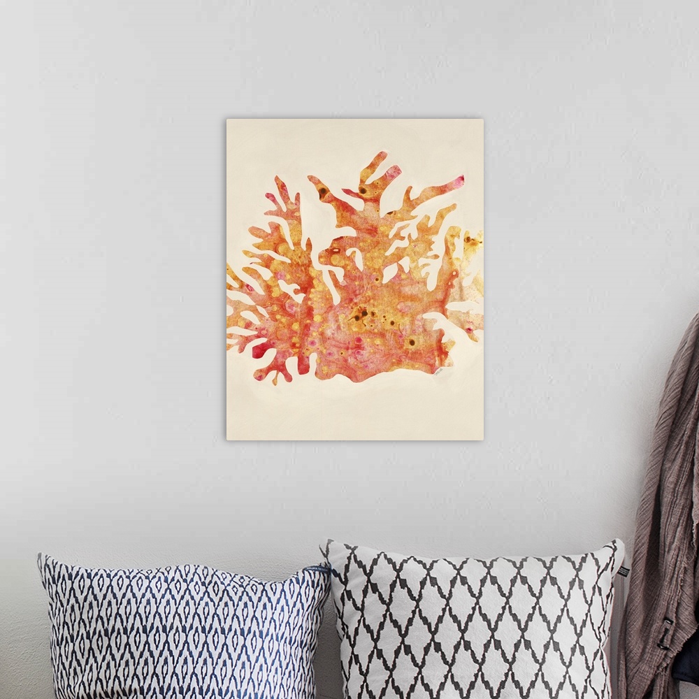 A bohemian room featuring Contemporary painting of coral in colors of orange and yellow.