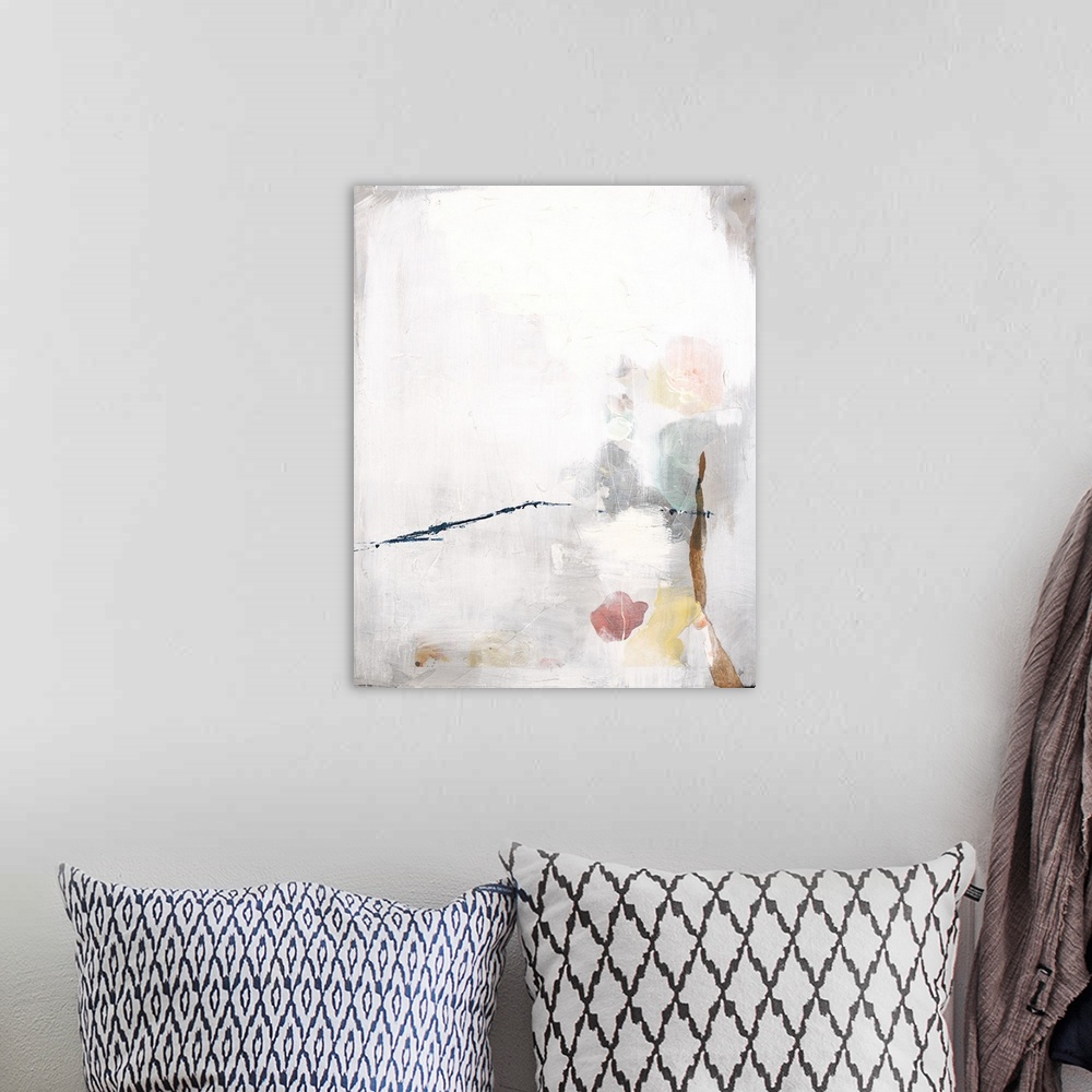 A bohemian room featuring Large abstract art with faint hints of color underneath a white and gray overlay with a thin blue...