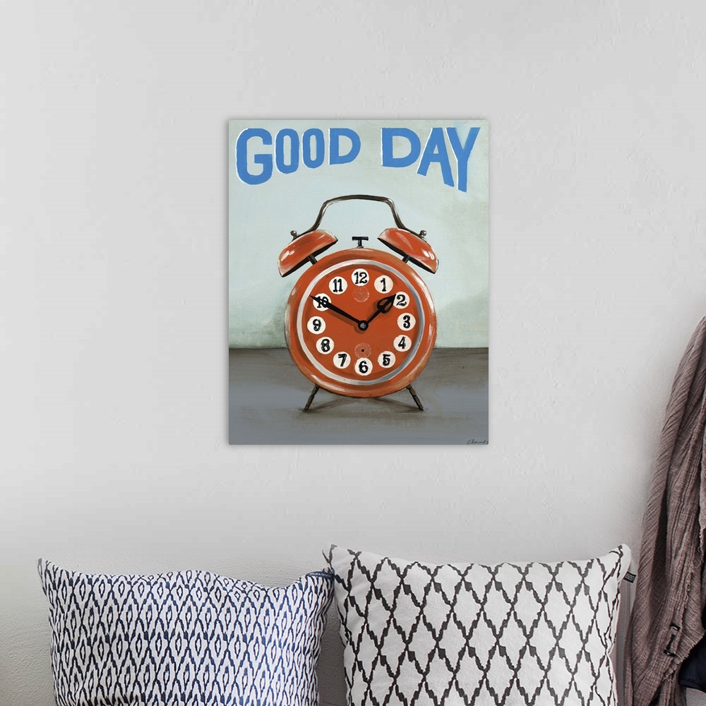 A bohemian room featuring Contemporary painting of a classic red alarm clock.