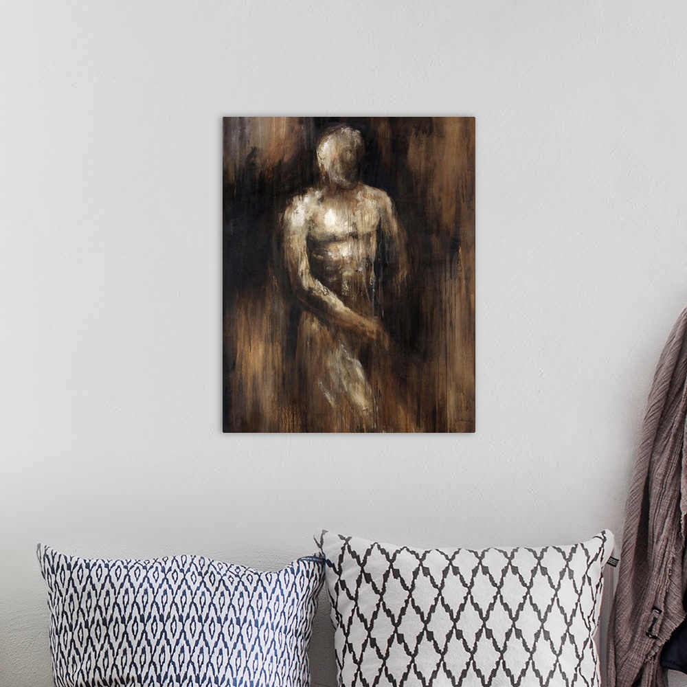 A bohemian room featuring Abstracted painting by Sydney Edmunds of the male figure against a dark background.