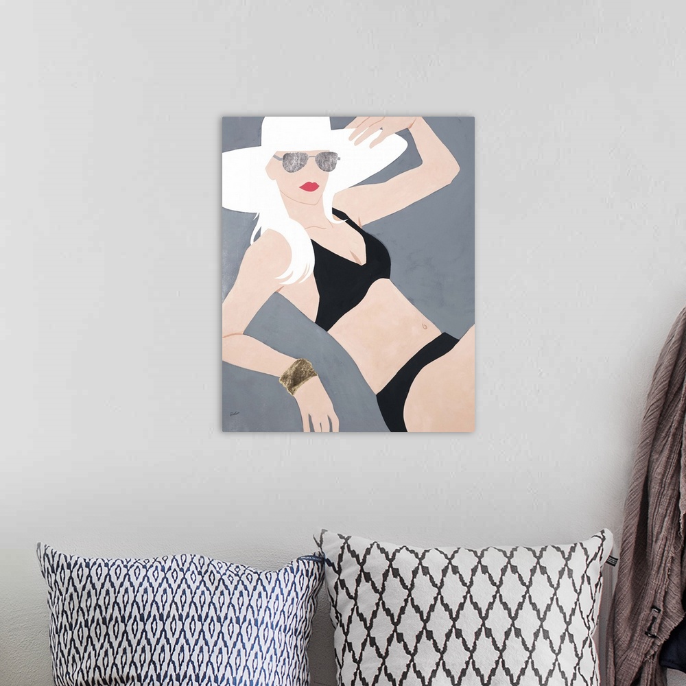 A bohemian room featuring Contemporary figurative painting of a blonde haired woman wearing a white hat and black bikini.