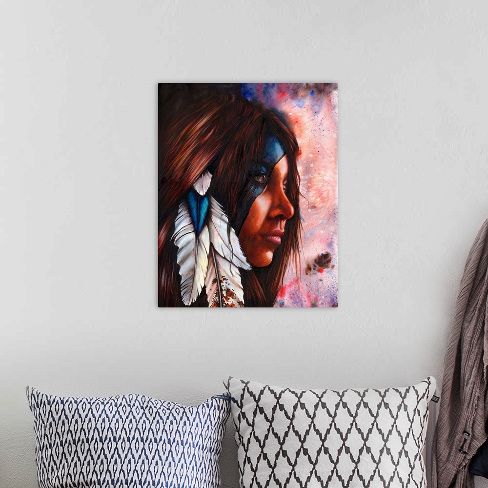 A bohemian room featuring A portrait of a North American Indian woman, originally created with watercolor and colored pencils.