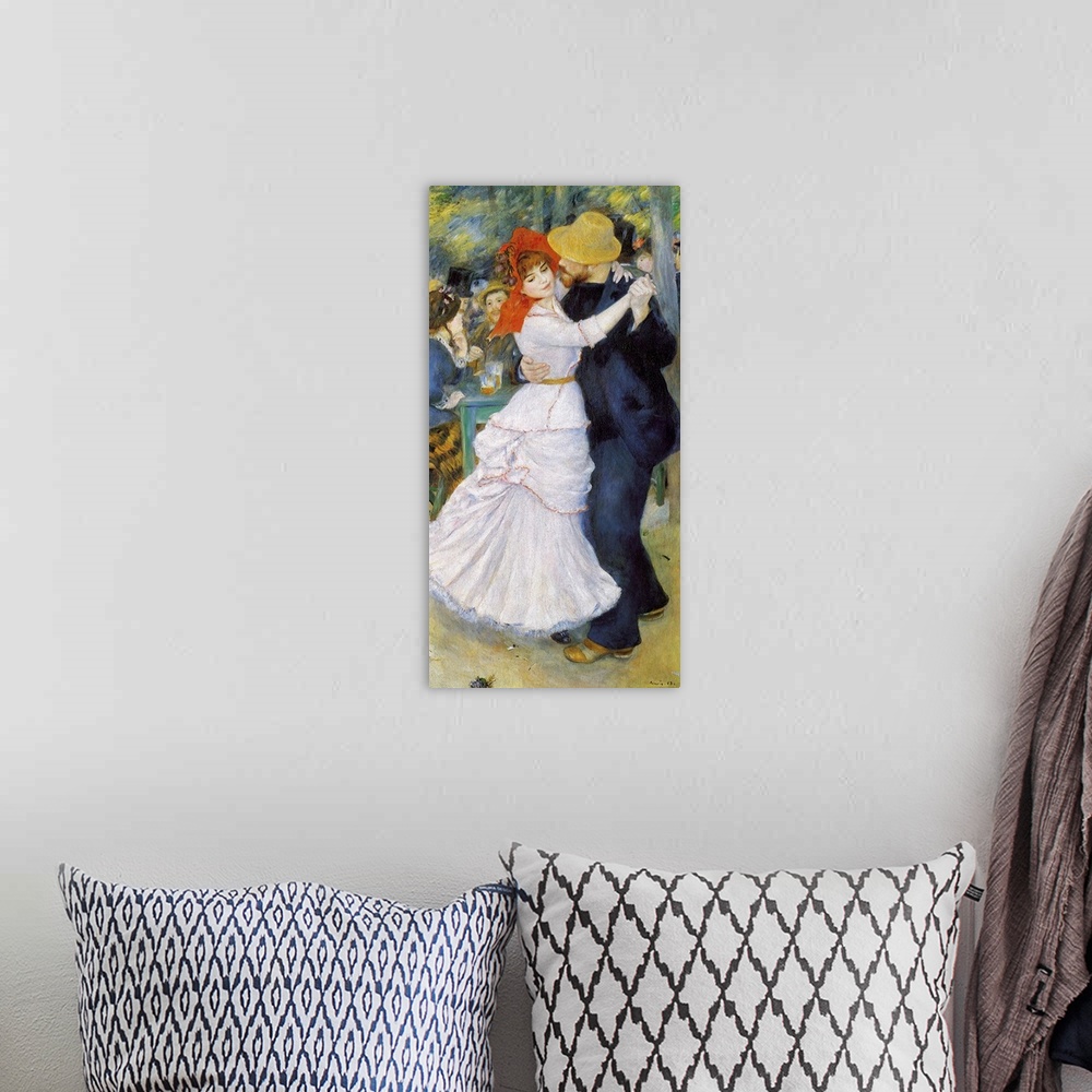 A bohemian room featuring Oversized, vertical painting of a man and woman dancing as a  crowd of people sit and converse be...