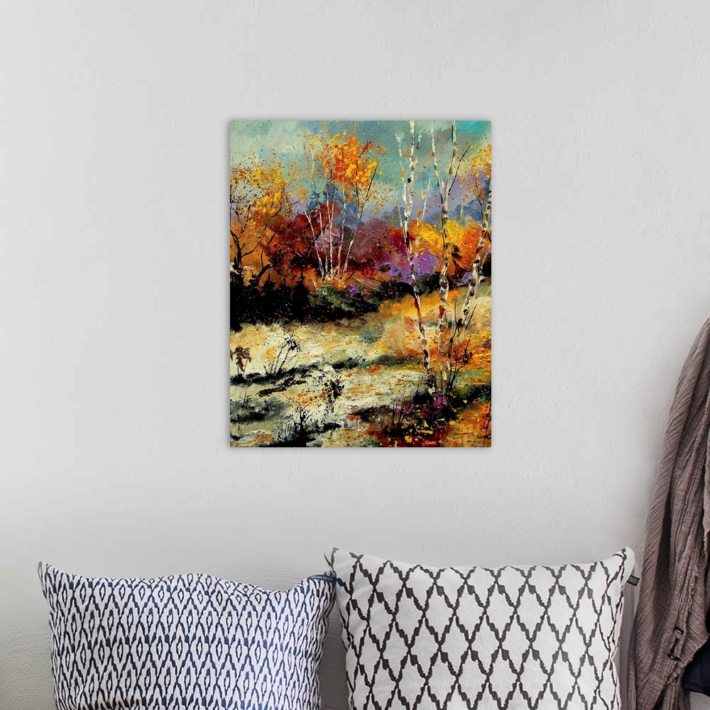 A bohemian room featuring Vertical painting of a forest of colorful birch trees in the fall.