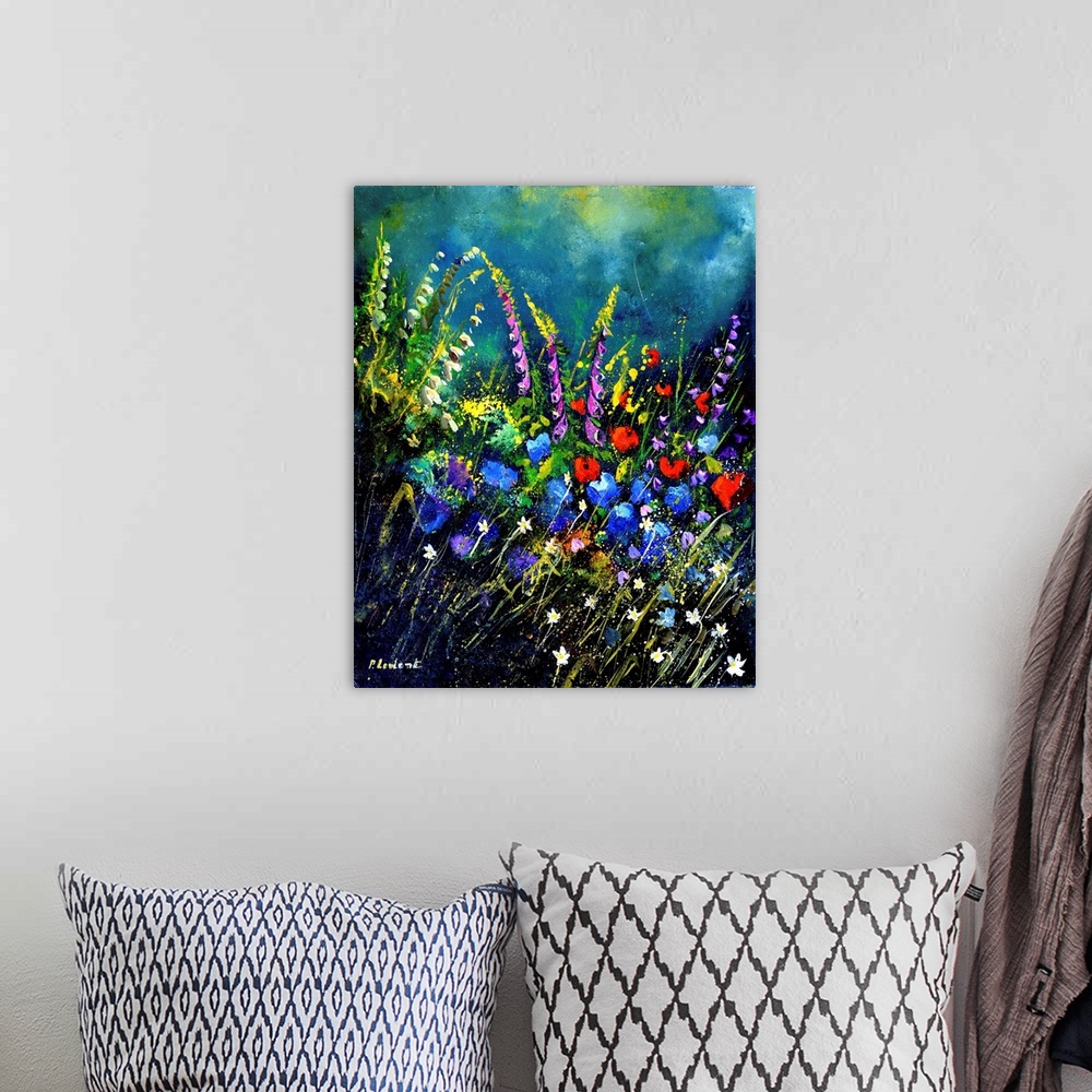 A bohemian room featuring Contemporary abstract painting of a field of wildflowers.