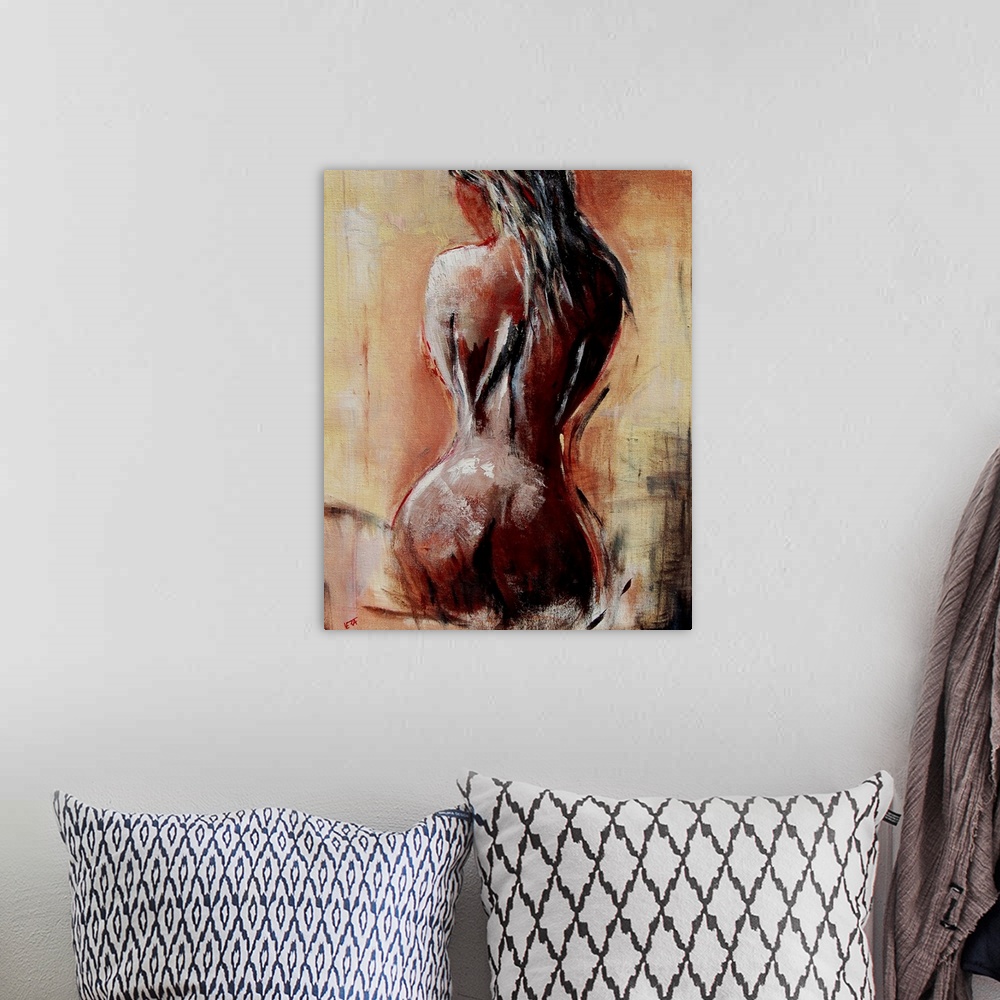 A bohemian room featuring A nude painting of the back of a woman sitting on her legs in textured neutral colors and red acc...