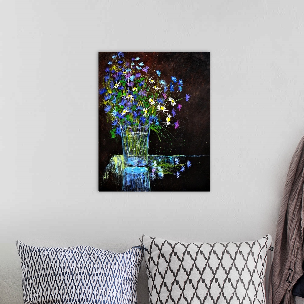 A bohemian room featuring Contemporary painting of a vase of blue and white flowers against a dark backdrop with small spla...