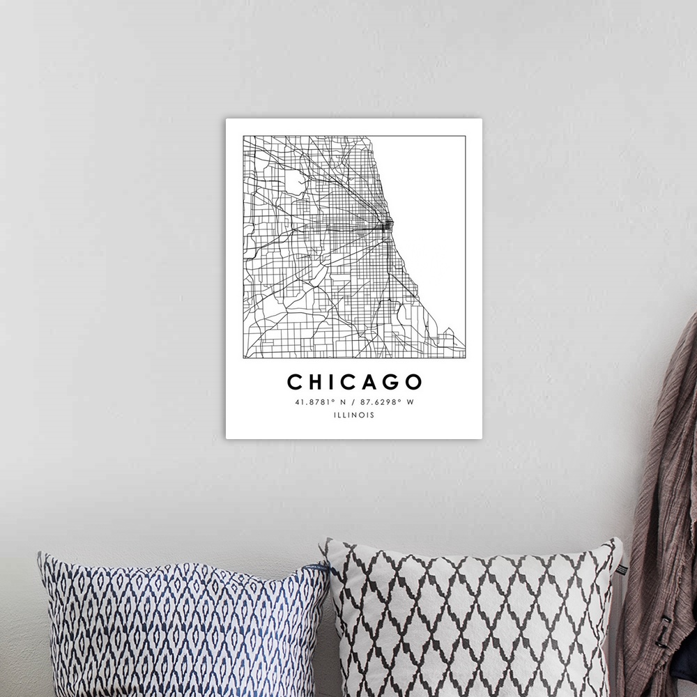 A bohemian room featuring Black and white minimal city map of Chicago, Illinois, USA with longitude and latitude coordinates.