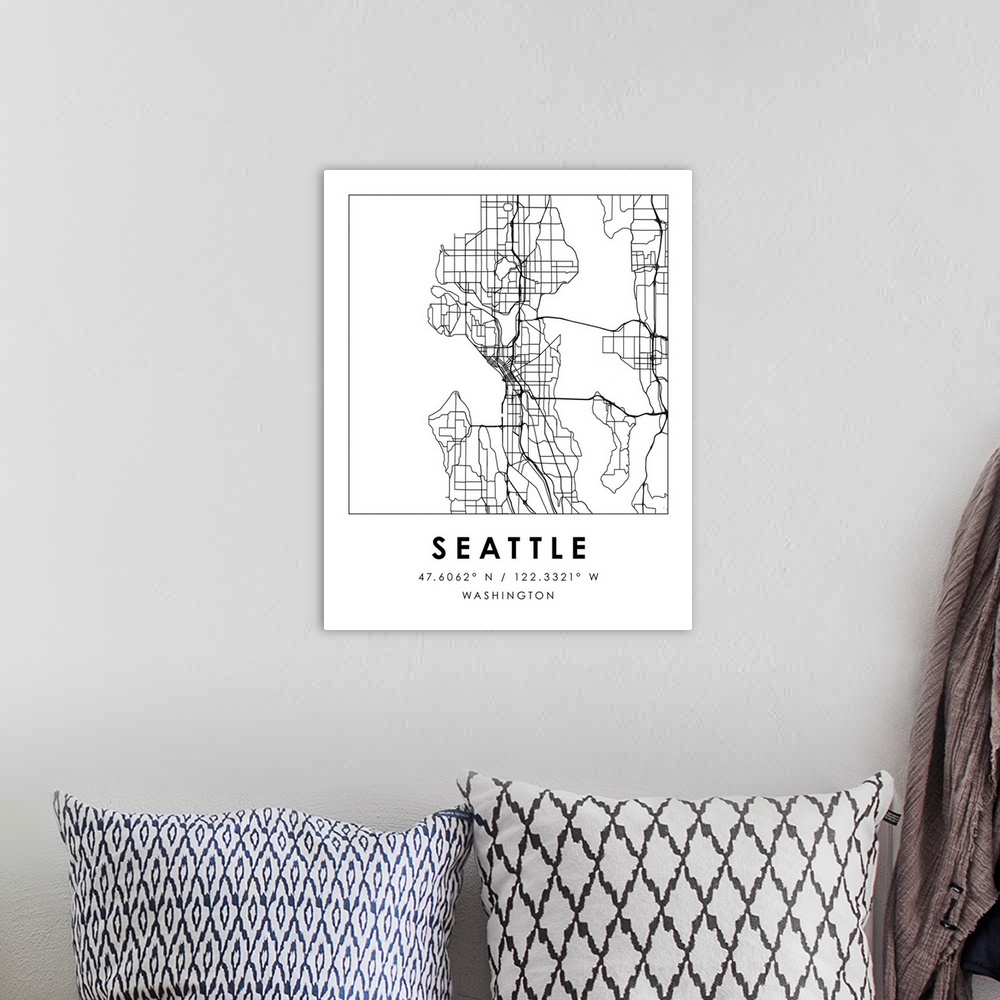 A bohemian room featuring Black and white minimal city map of Seattle, Washington, USA with longitude and latitude coordina...