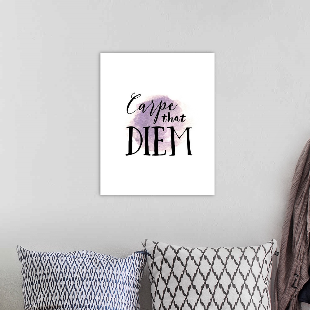 A bohemian room featuring Humorous motivational phrase in hand-lettered text over lavender watercolor.