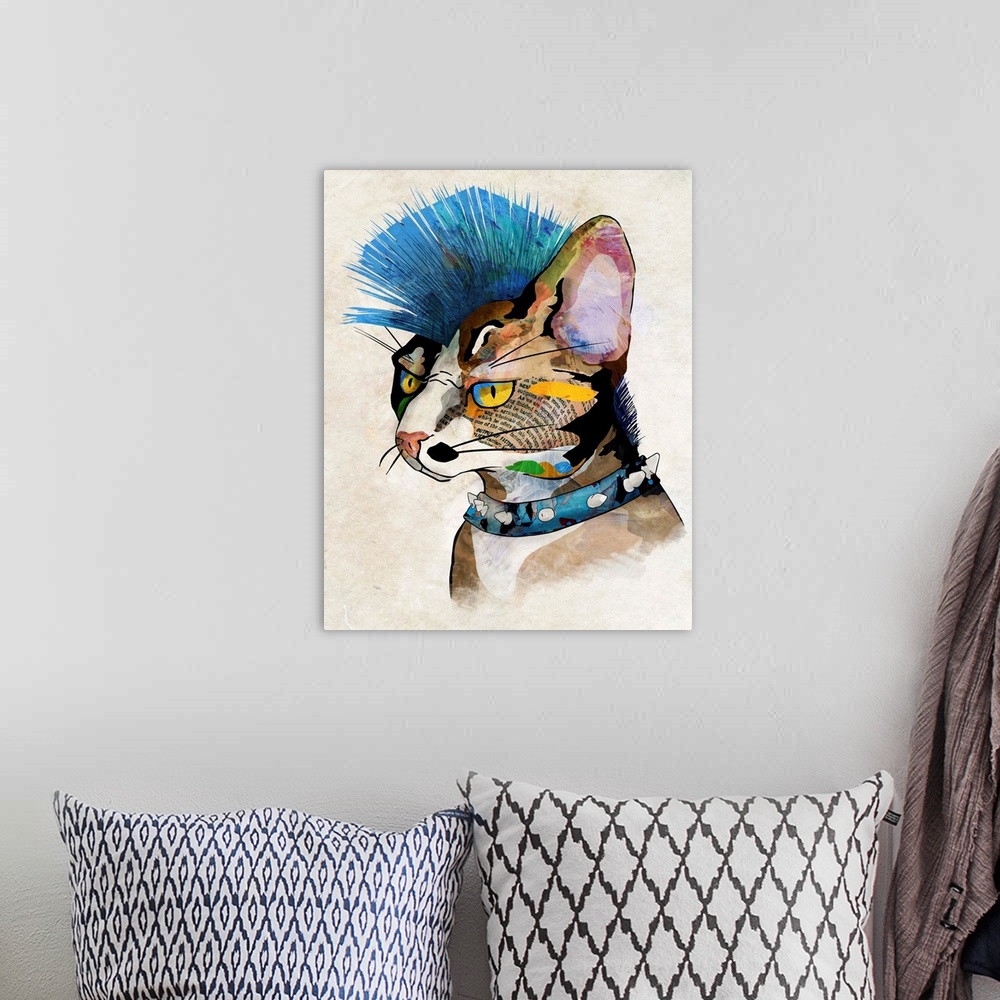 A bohemian room featuring Pop art of a cat with a blue mohawk and a spiked collar.