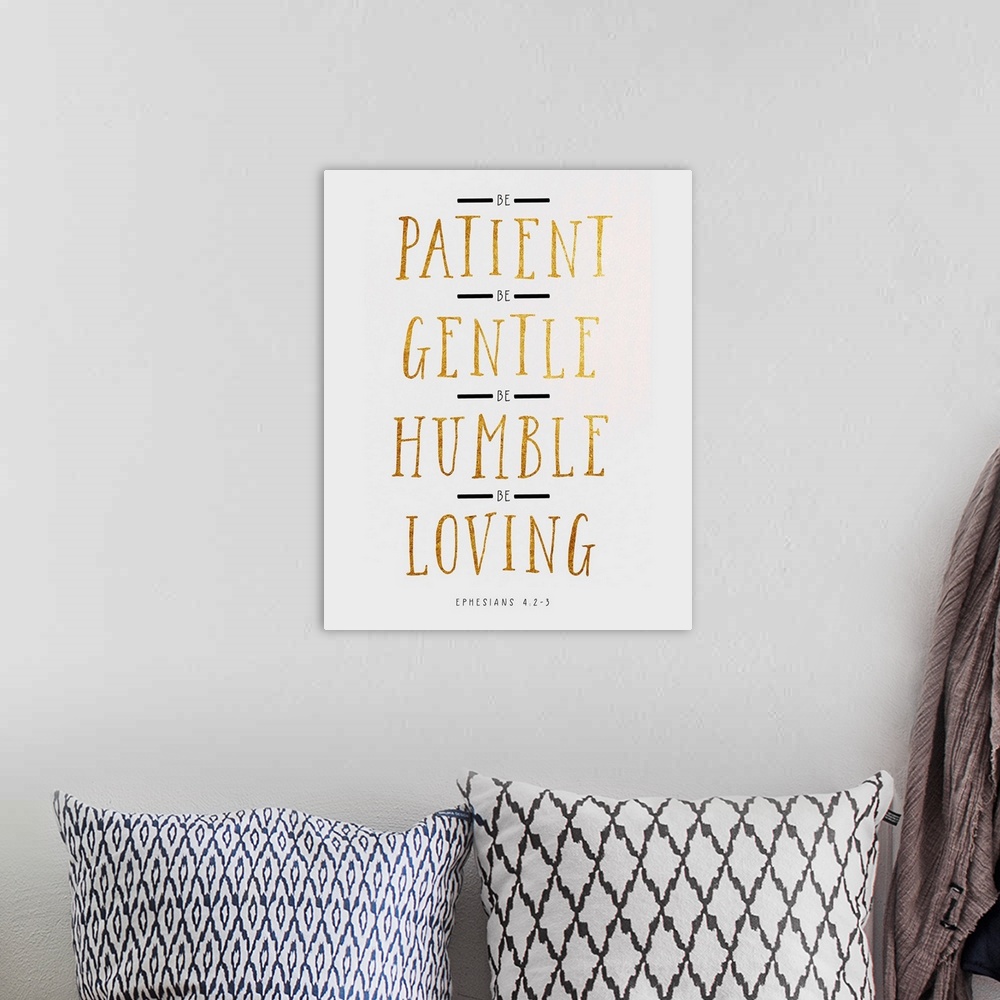 A bohemian room featuring a modern presentation of a classic Bible verse in a vertically stacked style.