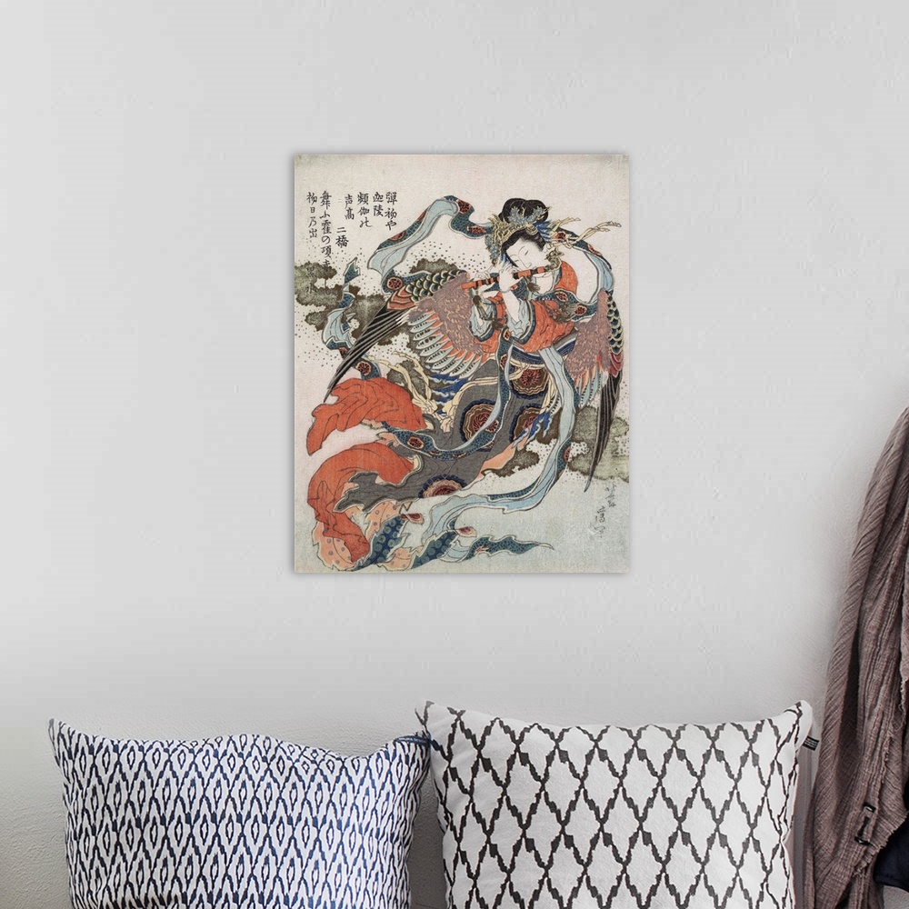 A bohemian room featuring This surimono New Year's card depicts a mystical Buddhist bird (karyobinga in Japanese; kalavinca...