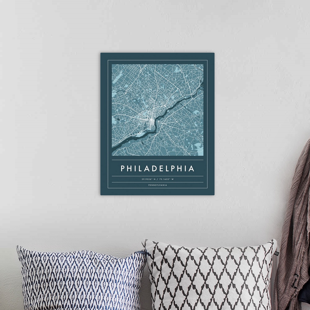 A bohemian room featuring Navy minimal city map of Philadelphia, Pennsylvania, USA with longitude and latitude coordinates.