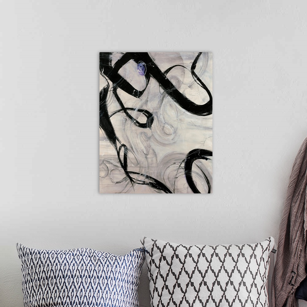 A bohemian room featuring Vertical abstract painting with calligraphic shapes.