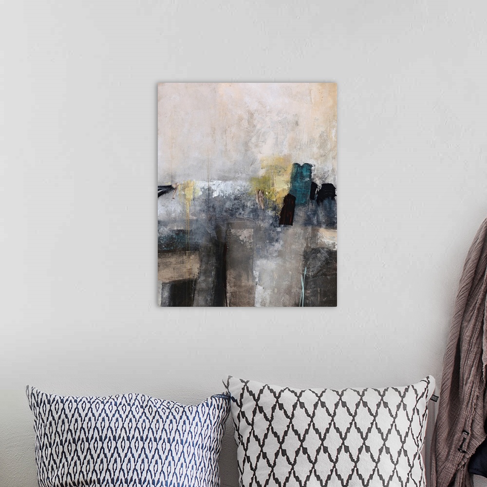 A bohemian room featuring Abstract painting done in soft, muted grays and browns with a hint of white and citron yellow.