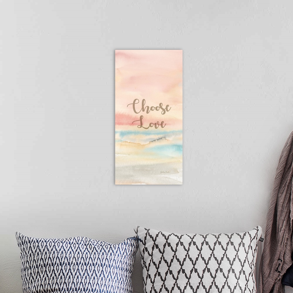 A bohemian room featuring "choose Love" on a pastel toned watercolor painting.