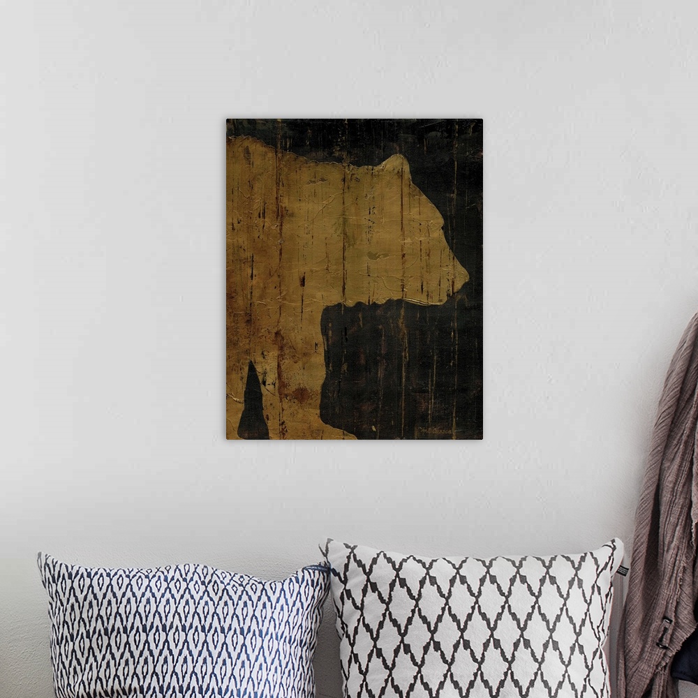 A bohemian room featuring A rustic decorative image of a bear in golden brown with a wood texture.