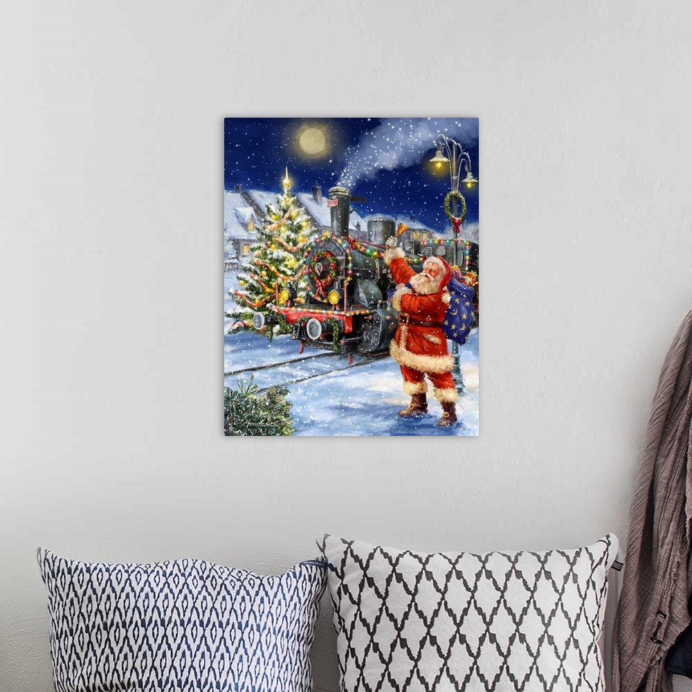 A bohemian room featuring Image of Santa ringing a bell in front of a train covered with decorations.