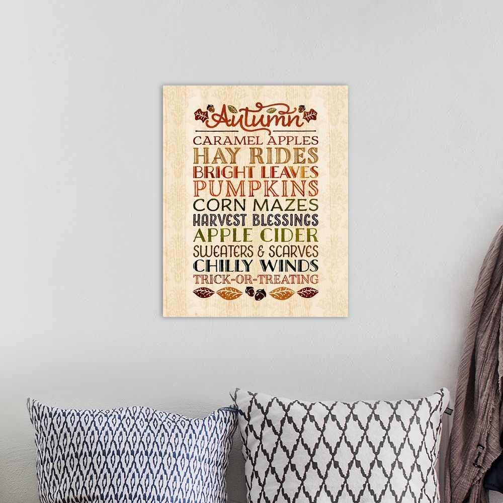 A bohemian room featuring Artistic design of a list in an autumn theme bordered with leaves on a faded beige floral backgro...