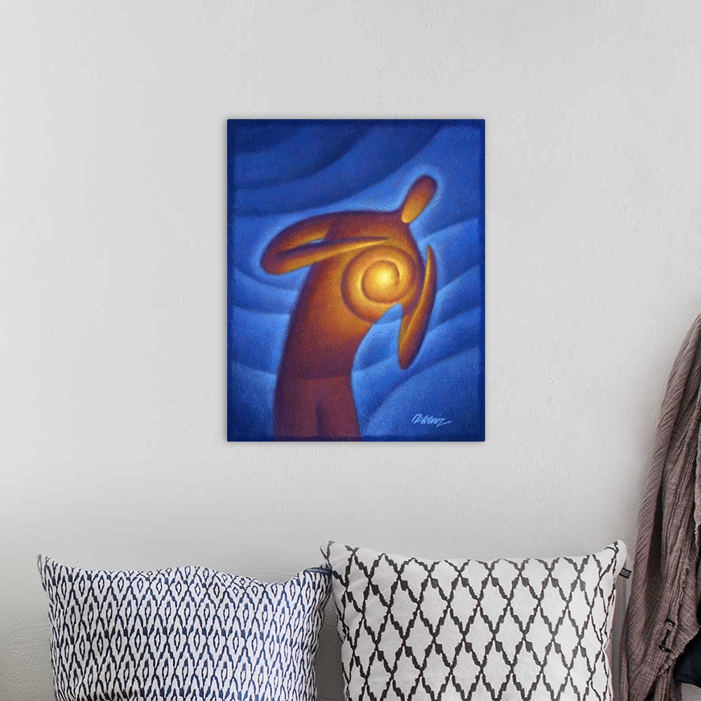 A bohemian room featuring Artistic painting of a human figure holding a ball of fire in his heart.