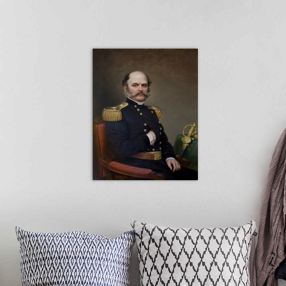 A bohemian room featuring American history painting of General Ambrose Burnside.